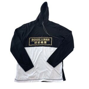 Men’s DISTORTION Black / White/Gold  Long Sleeve Hooded Tee / T-shirt Size Med